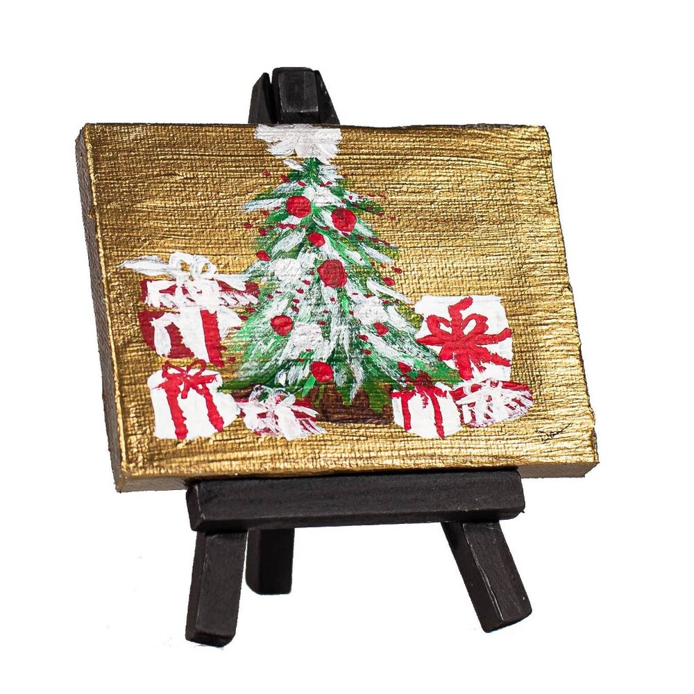 "Red & White Holidays I" Original Table Art Painting w/Easel by Dawn M. Wayand